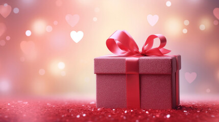 Red gift box on a pink background wuth heart shape bokeh