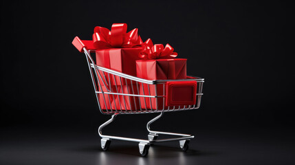 Shopping cart with red gift box on black background. Black Friday concept