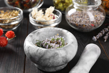Fototapeta na wymiar Mortar and many different herbs on wooden table, closeup