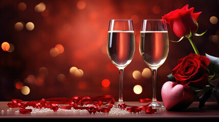Two champagne glasses and red roses on red hearts background, valentine's day card