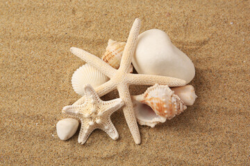 Fototapeta na wymiar Beautiful sea stars, shells and stones on sand, above view