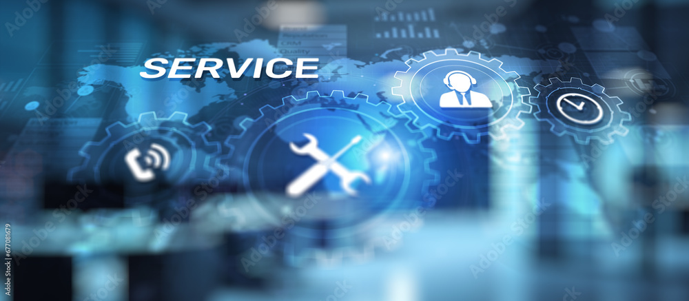 Poster service support customer help call center business technology button on virtual screen.