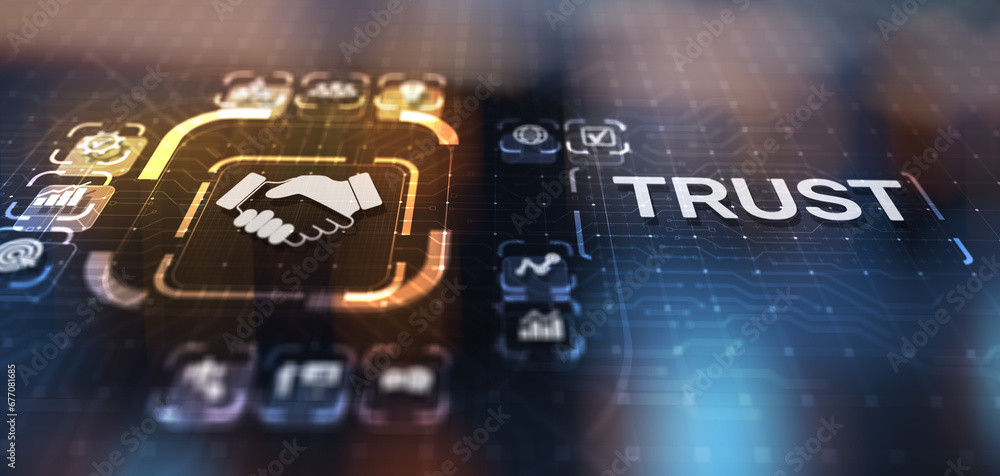 Poster trust customer relations reliability business concept. pointing and pressing on virtual screen.
