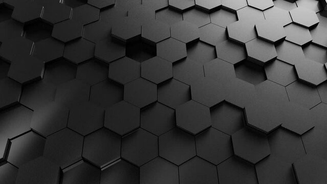 Abstract Hexagon Geometric Surface Loop. Dark black clean minimal hexagonal grid pattern, random waving motion background canvas in pure wall architectural white. Seamless loop 4K FullHD.