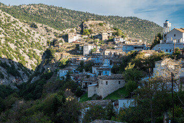 Fototapeta na wymiar View of Kastanitsa, a traditional mountain village built on the slopes of mount Parnonas, in Arcadia, Peloponnese, Greece. 
