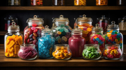 National Candy Month: A candy shop display with jars filled with colorful candies, including gummies, chocolates, and hard candies.