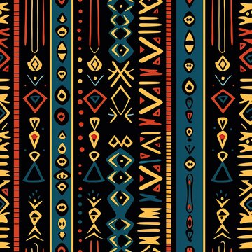 ancient african egyptian ethnic seamless pattern on black background with antique tribal symbols