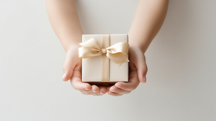 リボンでラッピングされた白くて小さなギフトボックス。子供が両手で持っている。