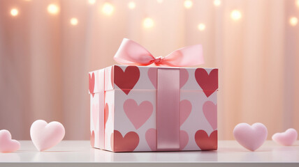 ピンクと赤のハートが描かれたギフトボックス。ピンクのリボンでラッピングされていてキラキラしている。