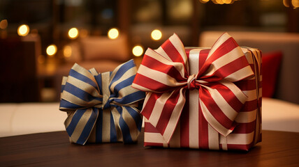 テーブルに置かれた2個のプレゼント。それぞれ青のストライプと赤のストライプでラッピングされている。