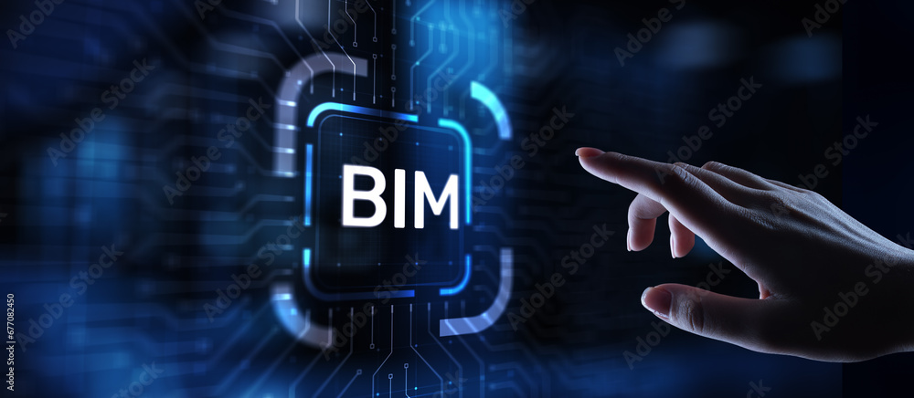 Poster bim building information modeling technology concept on virtual screen.