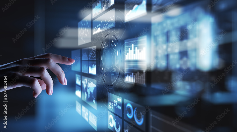 Poster virtual screen business intelligence dashboard, analytics and big data technology concept.