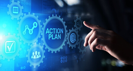 Action plan business strategy development concept on virtual screen.