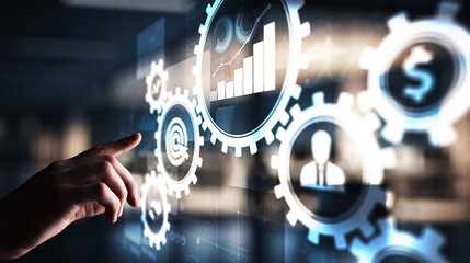 Business process management, automation workflow, document validation, connected gear cogs with...