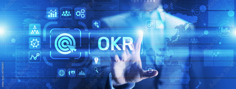 Poster objective key results business technology process improvement concept on virtual screen.
