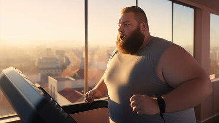 Focused overweight man runs on treadmill in sports club with panoramic windows overlooking sunny city. Desire to get rid of fat and mass in adulthood. Hard work and exercise for chubby people - obrazy, fototapety, plakaty