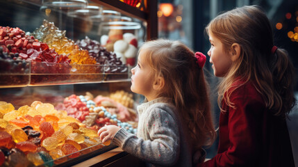 National Candy Month: An assortment of colorful candies displayed in a sweet shop window, with kids looking in