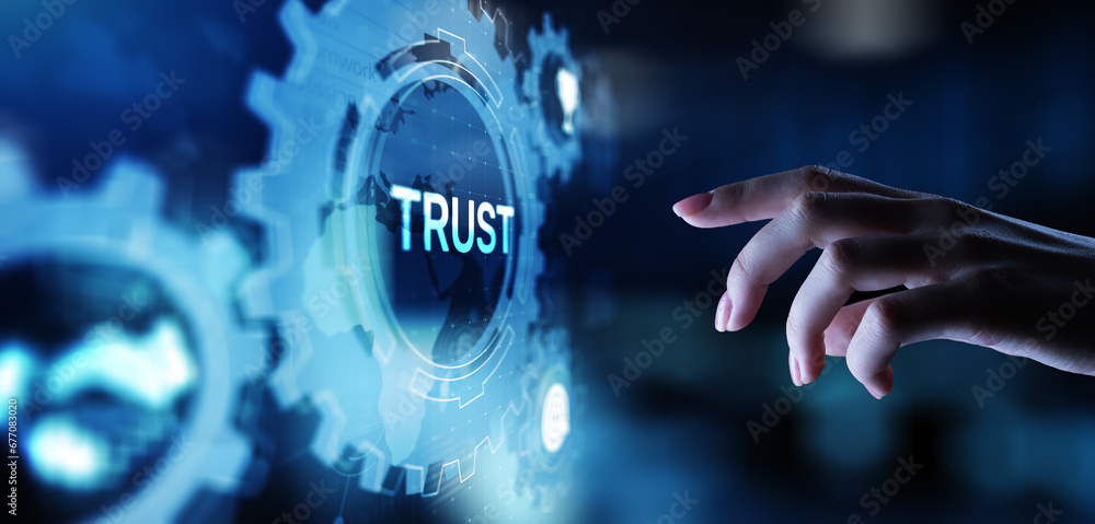 Poster trust customer relations reliability business concept. pointing and pressing on virtual screen.