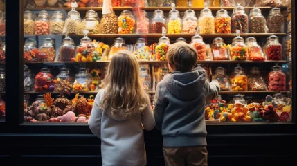 Keuken spatwand met foto National Candy Month: An assortment of colorful candies displayed in a sweet shop window, with kids looking in © Татьяна Креминская