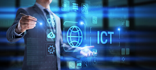 ICT Information communication technology internet concept on virtual screen.