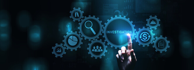 Investigation Business Finance Conept Button on virtual screen. - obrazy, fototapety, plakaty