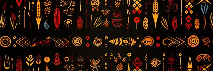 ancient african egyptian ethnic gold seamless pattern on black background with tribal symbols