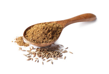 Spoon of aromatic caraway (Persian cumin) powder isolated on white