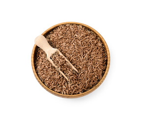 Bowl and scoop of aromatic caraway (Persian cumin) seeds isolated on white, top view