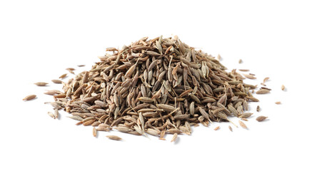 Heap of aromatic caraway (Persian cumin) seeds isolated on white - obrazy, fototapety, plakaty