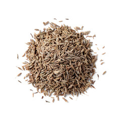 Heap of aromatic caraway (Persian cumin) seeds isolated on white, top view