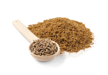 Heap of aromatic caraway (Persian cumin) powder and wooden spoon of seeds isolated on white