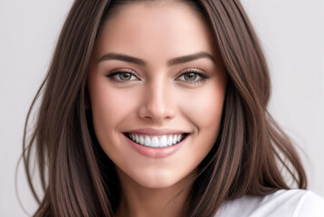 Naklejka premium Beautiful woman with long brown hair and white shirt smiling at the camera with white background.Dazzling white healthy teeth.