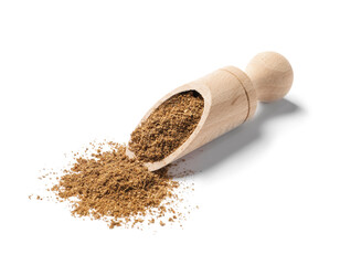 Scoop and aromatic caraway (Persian cumin) powder isolated on white