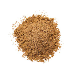 Heap of aromatic caraway (Persian cumin) powder isolated on white, top view