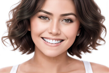 Beautiful woman with long brown hair and white shirt smiling at the camera with white background.Dazzling white healthy teeth.