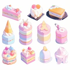 Illustration cute piece of cake set and dessert pastel color Created with Generative AI technology.