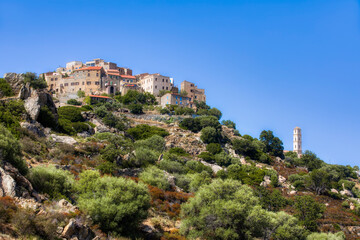 Fototapeta na wymiar Approaching the Beautiful Medieval Village of Sant’Antonio on a Hilltop in the Balagne Region on Corsica
