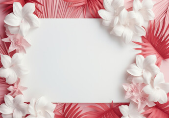 Obraz na płótnie Canvas Blank paper card mockup with frame made of flowers. Festive floral composition with copy space on a pastel background