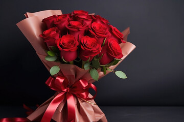 bouquet of roses, flowers in paper packaging with a red ribbon, space for text on a black background, holiday gift.Generative AI