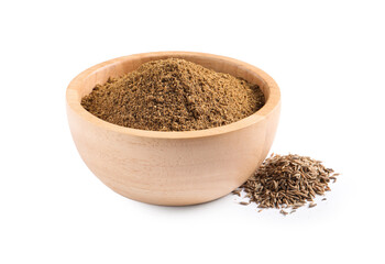 Bowl of aromatic caraway (Persian cumin) powder and dry seeds isolated on white