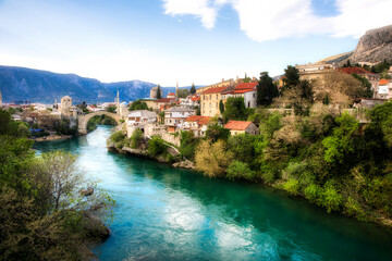 Fototapeta na wymiar The Famous Old Bridge (Stari Most) Crossing the River Neretva in Mostar, Bosnia and Herzegovina