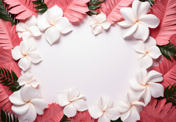 Blank paper card mockup with frame made of flowers. Festive floral composition with copy space on a pastel background