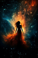 silhouette of a woman against the background of a nebula in space, standing with her back, light...
