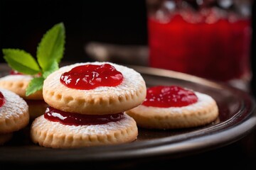 still life of cookies with jam on a wooden table, dark background, delicious pastries