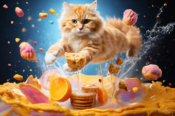 a cat jumps with marshmallows and cookies with fruits and splashes of sauce or cream on a colored background, delicious and sweet food