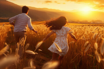 Happy family with two children holding hands of each other and running through wheat field at sunset. - Powered by Adobe