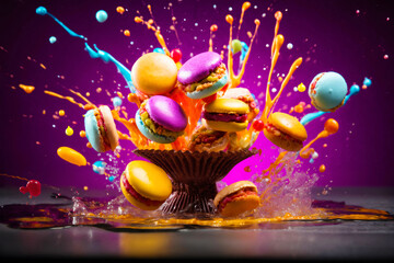 Naklejka premium marshmallows and cookies with splashes of sauce or cream on a colored background, delicious and sweet food