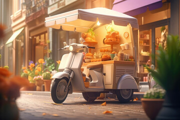 food delivery on a scooter, fast food in a mobile cafe on wheels.Generative AI