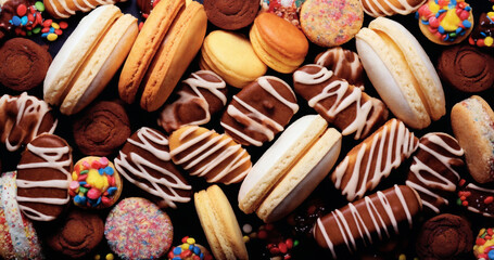 background from the assortment of cookies with chocolate on a wooden table, delicious pastries