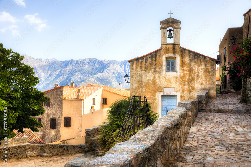 Wall mural chapel in the beautiful medieval village of sant’antonio on a hilltop in the balagne region on corsi